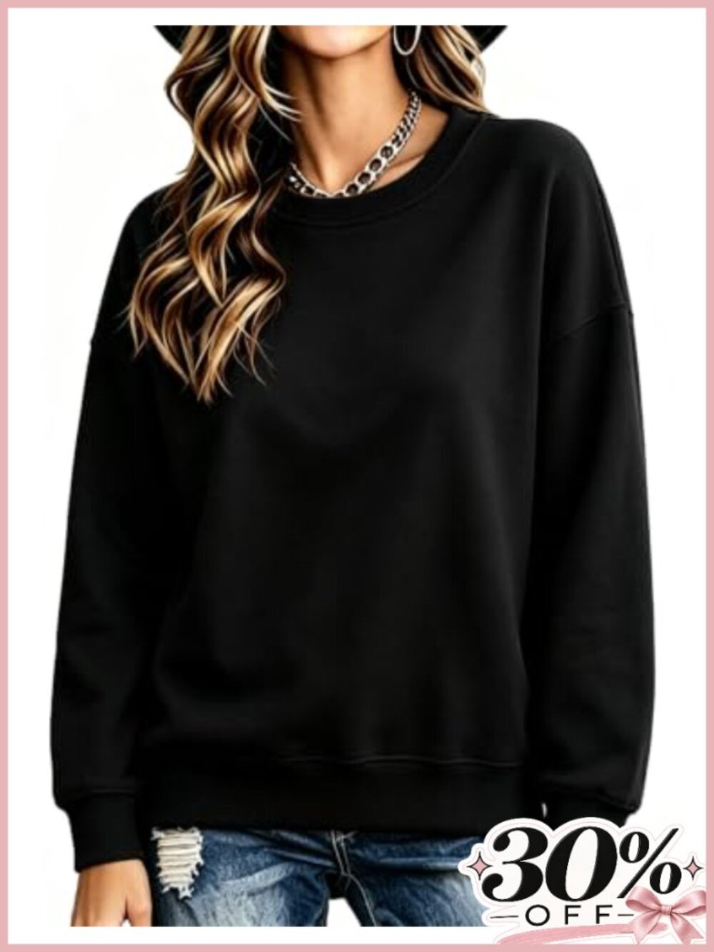 Womens Long Sleeve Crewneck Sweatshirt Cotton Blend Ribbed Pullover